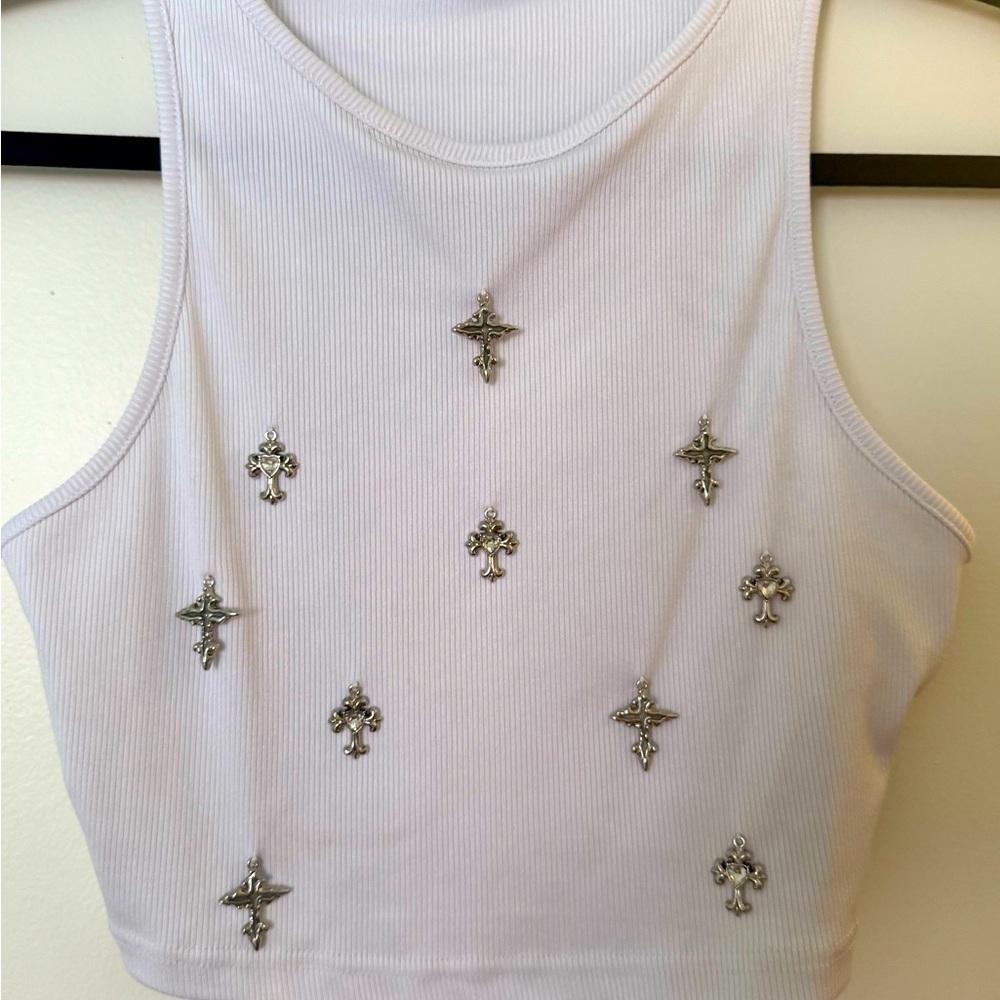 Chrome Cross Charm Tank Top in White | Edgy embellished crop tank top - Picture 4 of 6